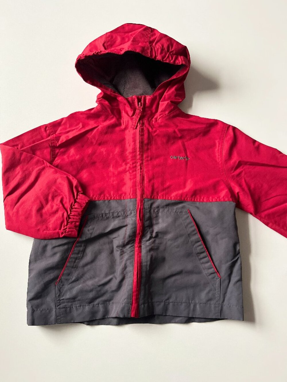 Toddler boys, size 4T, red/grey colour block pocket-pack windbreaker jacket